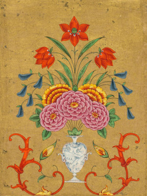 Mughal, 18th century - Vase with flower arrangement and scrollwork, c. 1750-1800