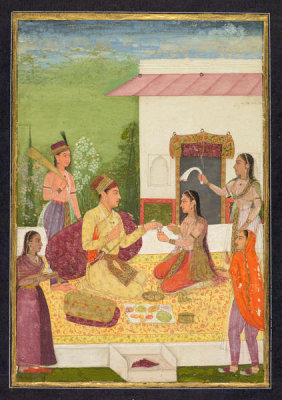 Mughal, 18th century - A prince conversing with a woman while taking refreshments on a terrace, c. 1710-1720