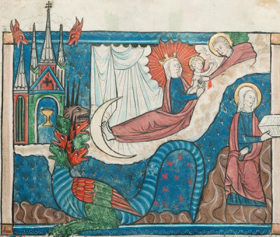 France, Lorraine - Miniature from a Manuscript of the Apocalypse: The Woman Clothed with the Sun and The War in Heaven, c. 1295