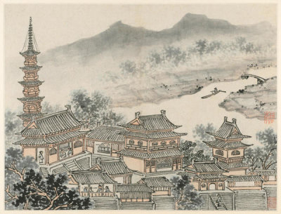 Shen Zhou - The Thousand Buddha Hall and the Pagoda of the "Cloudy Cliff" Monastery, after 1490